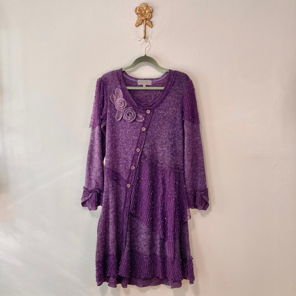 Pretty Angel Purple Rosette Lagenlook Dress Boho Mesh Knit Tunic M Whimsigoth